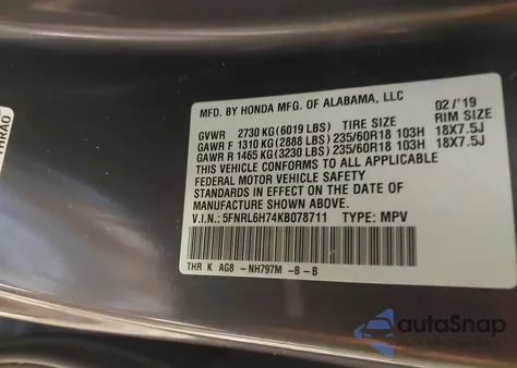 2019 Honda Odyssey Ex-L from USA, damaged, VIN 5FNRL6H74KB078711